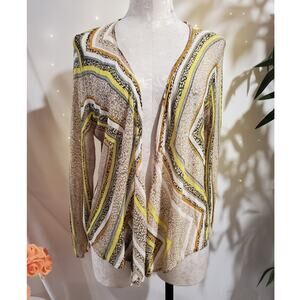Nic+Zoe Womens Open Linen Blend Cardigan Size PL Zig Zag Stripe Artsy Boho Tan